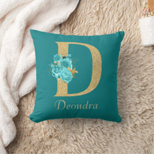 Fancy Gold & Aqua Floral Letter D Throw Pillow