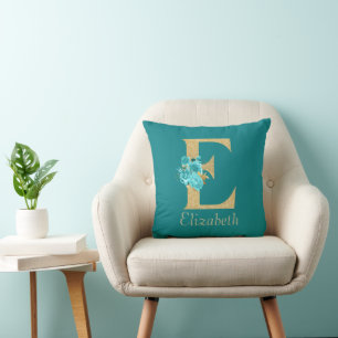 Fancy Gold & Aqua Floral Letter E Throw Pillow