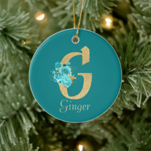 Fancy Gold & Aqua Floral Letter G  Ceramic Tree Decoration