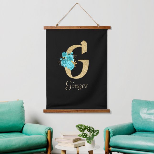 Fancy Gold & Aqua Floral Letter G   Hanging Tapestry (Living Room)