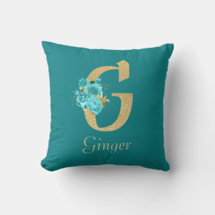 Fancy Gold & Aqua Floral Letter G Throw Pillow