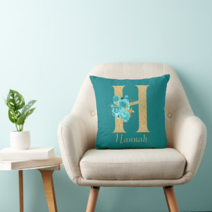 Fancy Gold & Aqua Floral Letter H Cushion