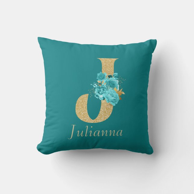 Fancy Gold & Aqua Floral Letter J Throw Pillow (Front)