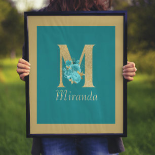 Fancy Gold & Aqua Floral Letter M  Wall Print