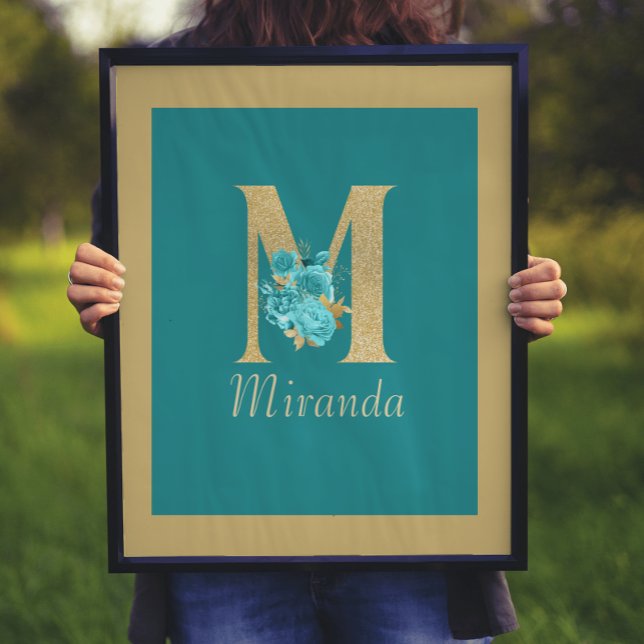 Fancy Gold & Aqua Floral Letter M  Wall Print (Creator Uploaded)