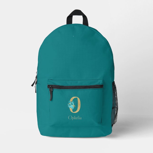 Fancy Gold & Aqua Floral Letter O Printed Backpack (Front)