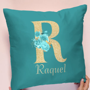 Fancy Gold & Aqua Floral Letter R Throw Pillow