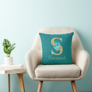 Fancy Gold & Aqua Floral Letter S Throw Pillow