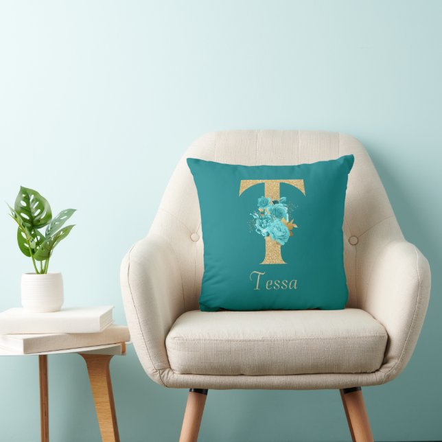 Fancy Gold & Aqua Floral Letter T Throw Pillow (Chair)