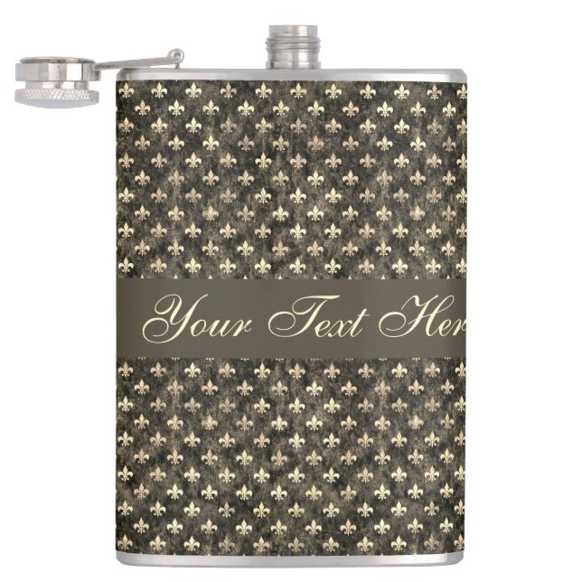Fancy Gold Brown Fleur De Lis Vinyl Wrapped Flask (Opened)