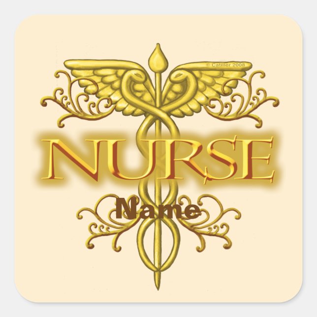 Fancy gold caduceus nurse  square sticker (Front)