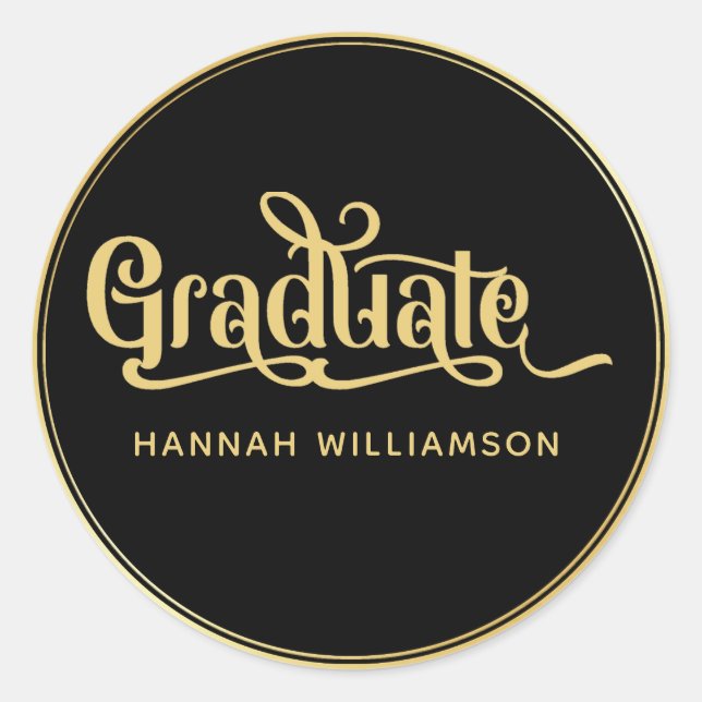 Fancy Gold Calligraphy on Black Graduation Classic Round Sticker (Front)