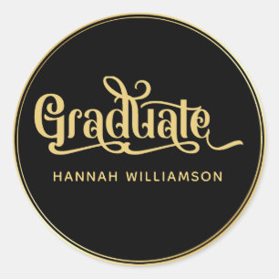 Fancy Gold Calligraphy on Black Graduation Classic Round Sticker