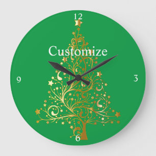 Fancy Gold Christmas Tree Thunder_Cove Large Clock