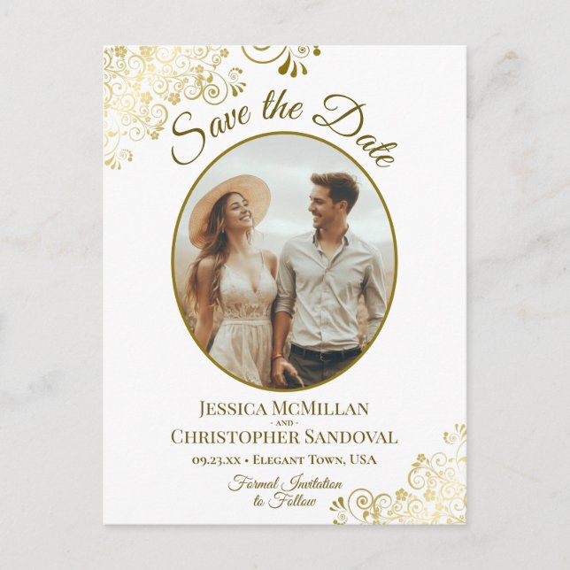 Fancy Gold Curls Wedding Save the Date Oval Photo Announcement Postcard (Front)