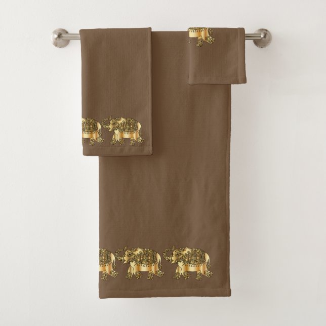 Fancy Gold Elephants | Brown Background Bath Towel Set (Insitu)