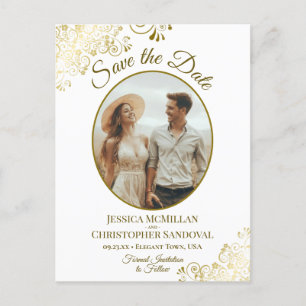 Fancy Gold Frills Wedding Save the Date Oval Photo Announcement Postcard