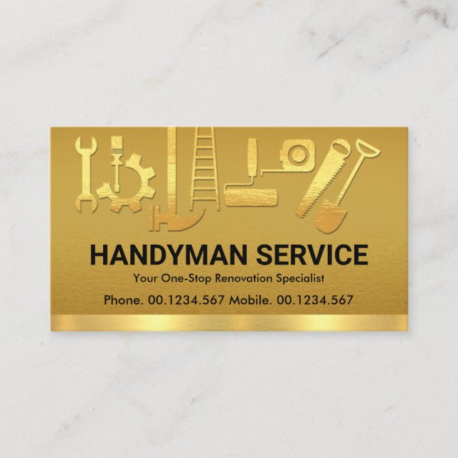Fancy Gold Handyman Construction Tools Remodeling Business Card (Front)