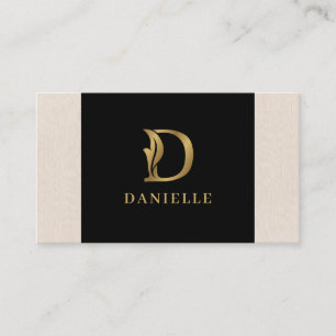 Fancy Gold Letter D Monogram On black and linen Business Card