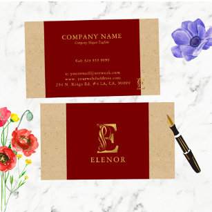 Fancy Gold Letter  E Monogram On Red and Cardboard Business Card