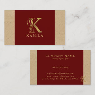 Fancy Gold Letter K Monogram On Red and Cardboard Business Card