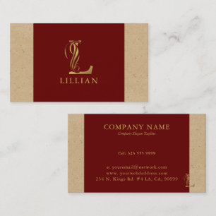 Fancy Gold Letter L Monogram On Red and Cardboard Business Card