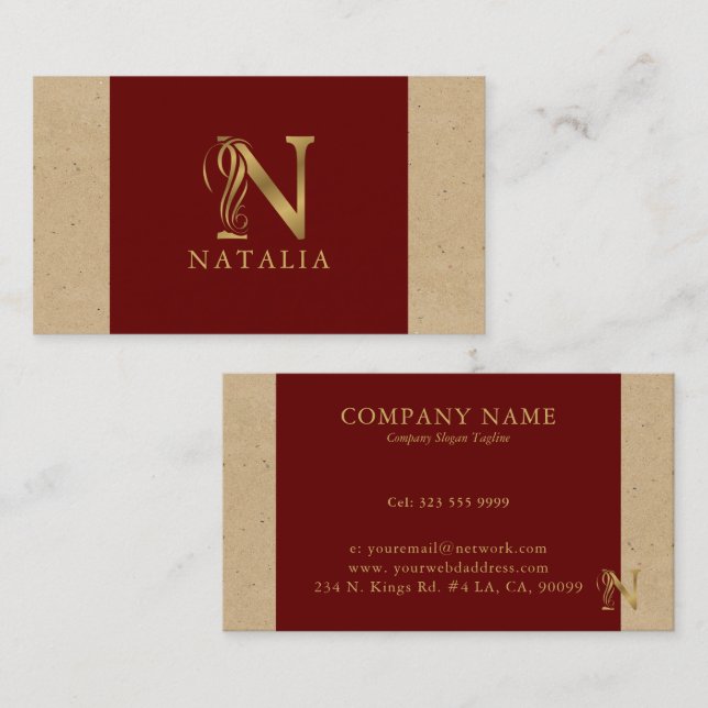 Fancy Gold Letter N Monogram On Red and Cardboard  Business Card (Front/Back)