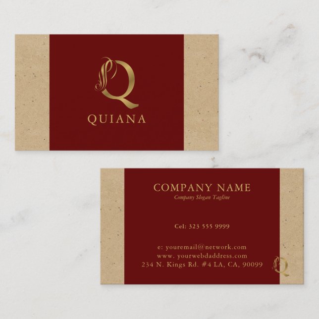 Fancy Gold Letter Q Monogram On Red and Cardboard Business Card (Front/Back)