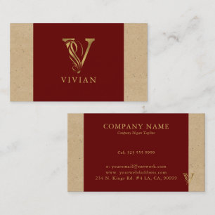 Fancy Gold Letter V Monogram On Red and Cardboard Business Card