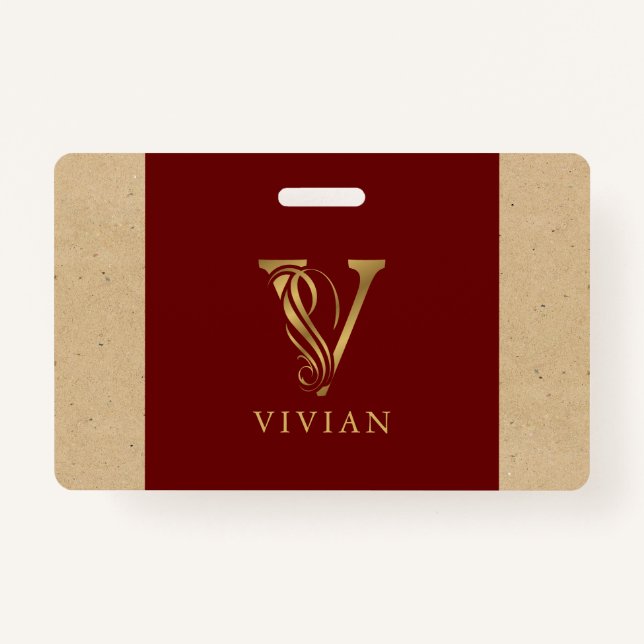 Fancy Gold Letter V Monogram On Red and Cardboard ID Badge (Front)