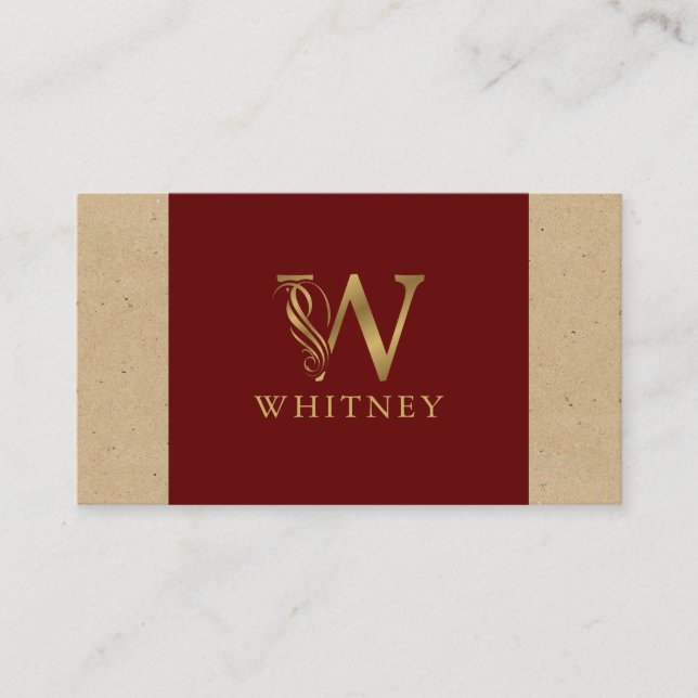 Fancy Gold Letter W Monogram On Red and Cardboard Business Card (Front)