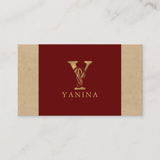 Fancy Gold Letter Y On Red and Beige Linen Business Card (Front)