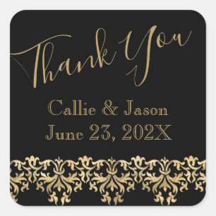 Fancy Gold Lettering on Black Thank You  Square Sticker