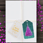 Fancy Gold Merry Christmas Pink Tree Teal Room Gift Tags<br><div class="desc">This gift tag for your gift giving has the text Merry Christmas in fancy gold foil letters with stars on the front with a pink and silver sparkle Christmas tree in a teal coloured room on the back.</div>