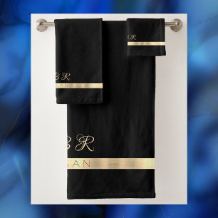 Fancy Gold Monogram, Name, Gold Stripes, Black Bath Towel Set