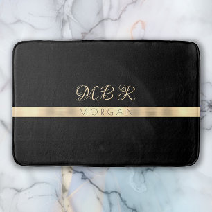 Fancy Gold Monogram, Name, Yellow Gold Stripe, Blk Bath Mat