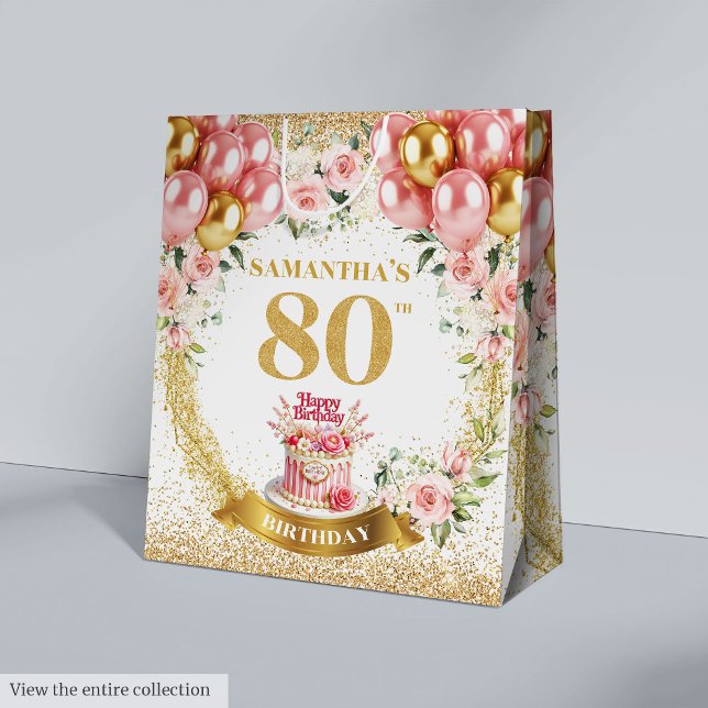 Fancy Gold Number 80th Birthday Blush Floral Gift  Medium Gift Bag (Fancy Gold Number 80th Birthday Blush Floral Gift Medium Gift Bag)