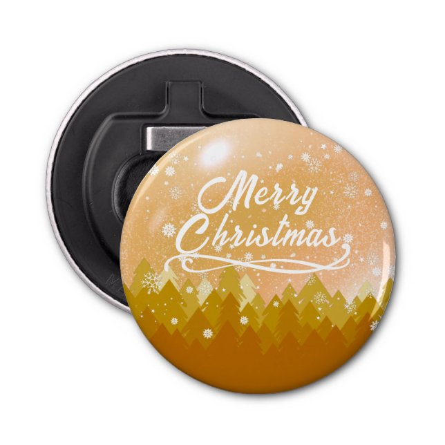 Fancy Gold Peaceful Snow Forest Merry Christmas Bottle Opener (Front)