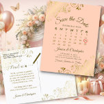 Fancy Gold & Peach Wedding Save the Date Calendar Announcement Postcard<br><div class="desc">This beautiful save the date postcard will give your friends and family advance notice of your upcoming wedding. It features a clever design with a custom calendar where you can put a heart around your wedding date. The background is pale orange, coral or peach coloured, and there are decorative gold...</div>