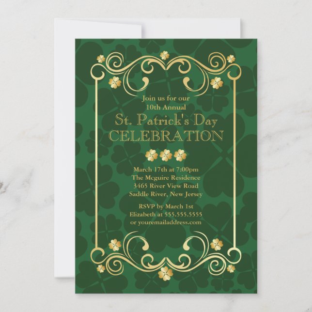 Fancy Gold Shamrock St. Patrick's Party Invitation (Front)