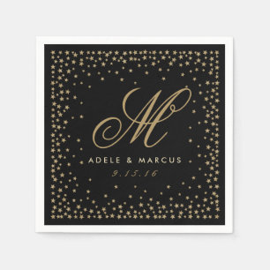 Fancy Gold Stars Monogram Black Wedding Napkins