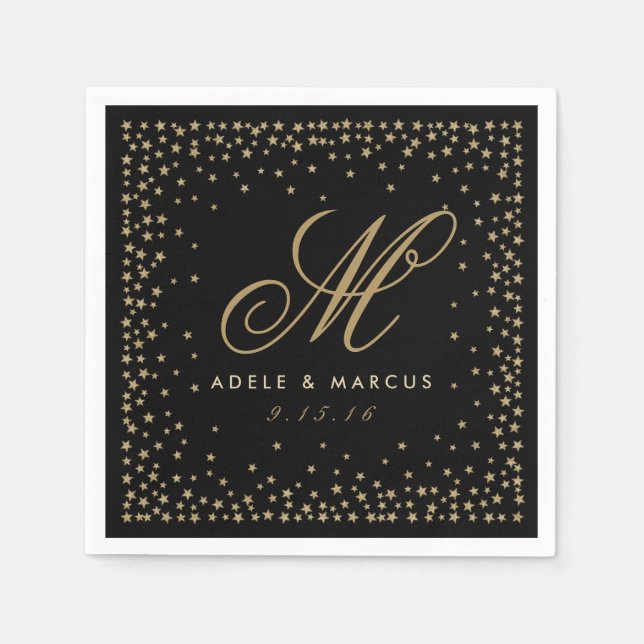 Fancy Gold Stars Monogram Black Wedding Napkins (Front)