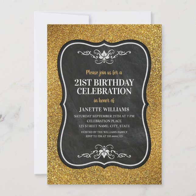 Fancy Golden Glitter Adult 21st Birthday Party Invitation (Front)