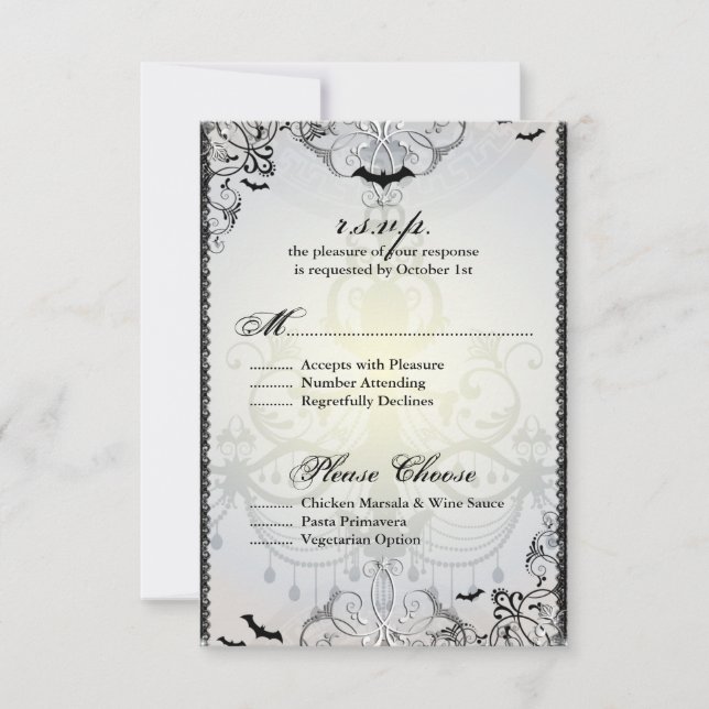 Fancy Gothic Bats Halloween Wedding RSVP Card (Front)