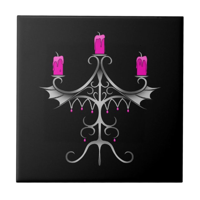Fancy Gothic candelabra hot pink on black Tile (Front)