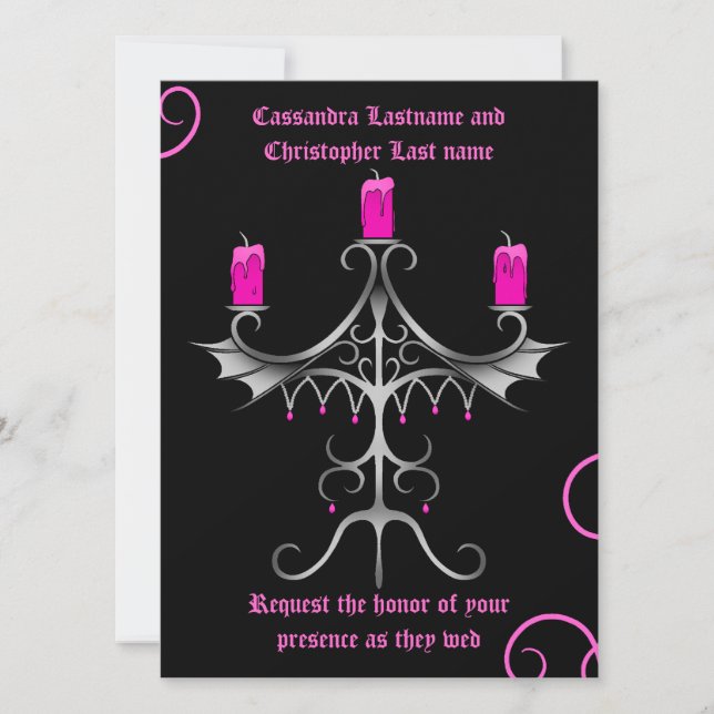 Fancy Gothic candelabra hot pink on black wedding Invitation (Front)