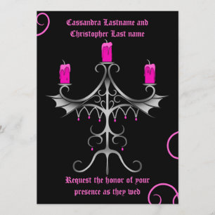 Fancy Gothic candelabra hot pink on black wedding Invitation