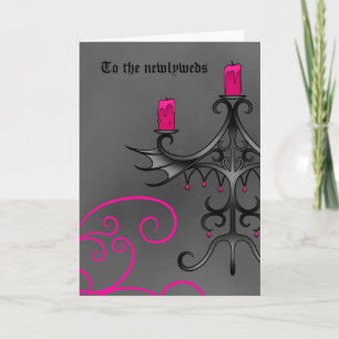 Fancy Gothic candelabra in pink on grey newly weds Card