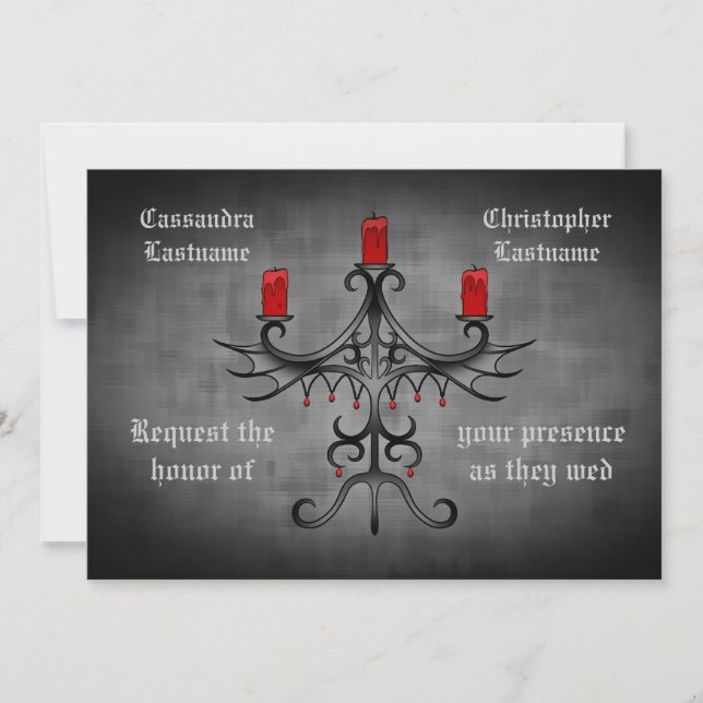 Fancy Gothic candelabra on grey spooky wedding Invitation (Front)