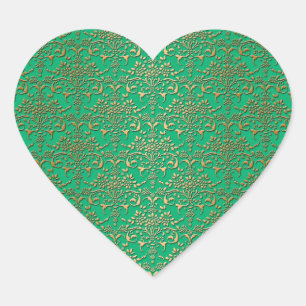 Fancy Green and Gold Damask Pattern Heart Sticker